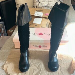 7M Black Suede Leather Quilted Knee-High Boots